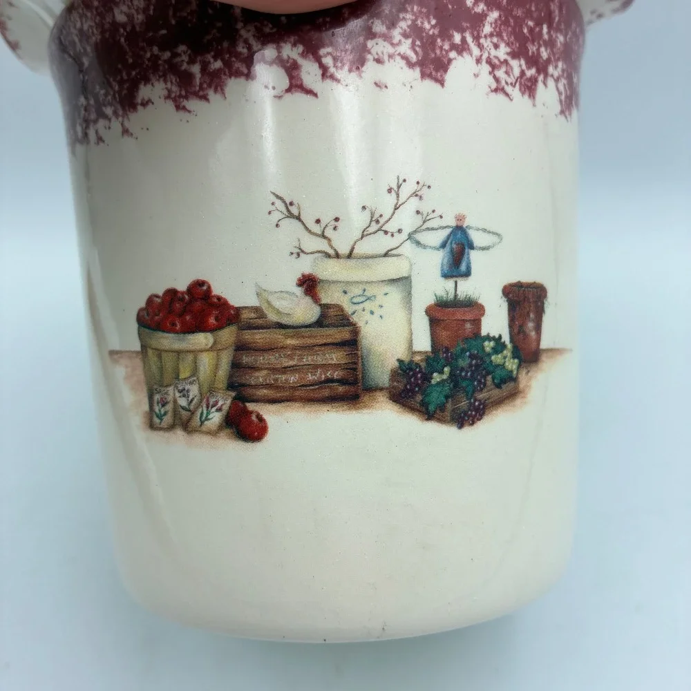 Country Farmhouse Ceramic Potpourri Dip Crock Ruffled Lid Burgundy Cream 4.5in